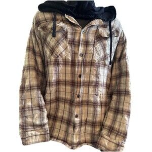 Avirex Metallic Hooded Shirt Jacket Shacket Sherpa Lined Tan & Black XL